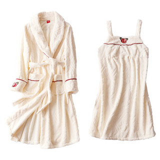 庆同 (QingTong) 珊瑚绒睡衣女冬季法兰绒性感加厚加长大码睡袍睡裙两件套 3376138 白色 M