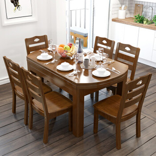 初吉 餐桌 实木餐桌椅组合可伸缩折叠餐桌6人圆桌子一桌六椅4人长方形小户型餐厅家具 浅胡桃色 1.38米