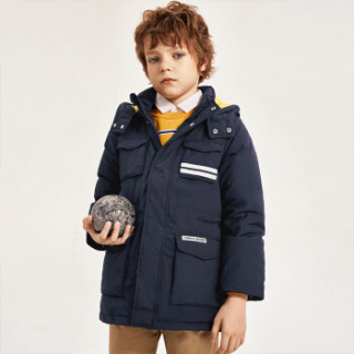 以纯线上品牌a21童装 2019秋冬羽绒服中长款条纹撞色连帽长袖保暖羽绒