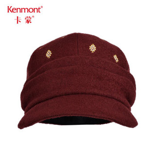 卡蒙 （Kenmont） km-5023 全羊毛刺绣鸭舌帽女适合脸大复古八角贝雷帽英伦复古呢帽 酒红色 可调节(57.5cm)