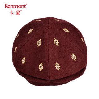 卡蒙 （Kenmont） km-5023 全羊毛刺绣鸭舌帽女适合脸大复古八角贝雷帽英伦复古呢帽 酒红色 可调节(57.5cm)