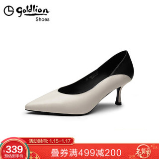 金利来（goldlion）女鞋尖头浅口单简约撞色工作细高跟鞋62693001521P-米白-36码