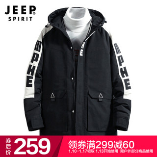 吉普 JEEP 棉衣男士冬季新款时尚连帽大口袋工装棉衣外套 DM991 黑色 L