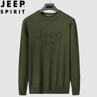 吉普 JEEP 2019秋季新款薄款毛衣男 青年圆领韩版针织衫男士休闲套头衫男纯色 HS1913 军绿 L