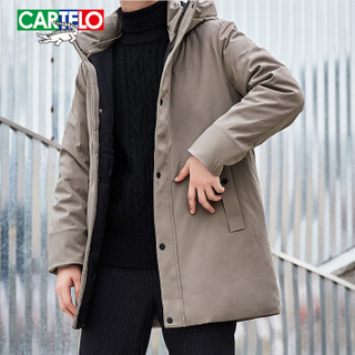 卡帝乐鳄鱼(CARTELO)羽绒服男中长款2019冬季新品男士时尚修身连帽保暖防寒男装外套 卡其 XL