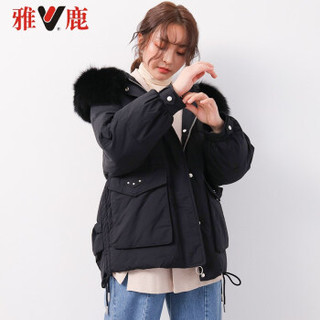 yaloo/雅鹿 YI51U6890 2019新款羽绒服女冬季加厚保暖鸭绒外套短款大毛领羽绒 黑色 M