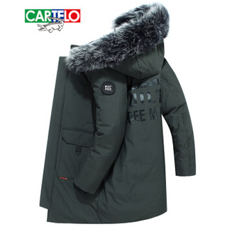 卡帝乐鳄鱼(CARTELO)羽绒服男中长款新品2019冬季保暖大毛领休闲加厚连帽外套 军绿 3XL