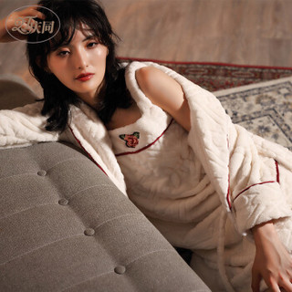 庆同 (QingTong) 珊瑚绒睡衣女冬季法兰绒性感加厚加长大码睡袍睡裙两件套 3376138 白色 XL