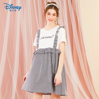 迪士尼（DISNEY）睡裙女夏格子套装吊带家居服萝莉风睡衣 拼接款（白色+黑色） M