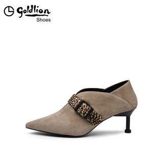 金利来（goldlion）女鞋尖头深口单性感豹纹皮带扣装饰细高跟鞋62994007722P-杏色-37码