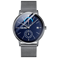 时刻美 skmei 手表男士时尚潮流日历腕表防水学生商务石英表 银色蓝面 40mm 蓝色 银色 不锈钢