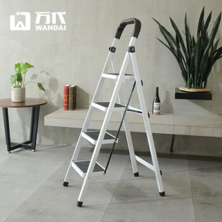 万代（WANDAI）家用梯 折叠加厚钢防滑铝合金方管扁管折叠梯人字梯多功能扶梯 白色四步梯