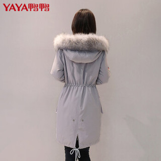 鸭鸭（YAYA）羽绒服女中长款连帽毛领韩版时尚休闲女装外套 B-57692 兰灰 155