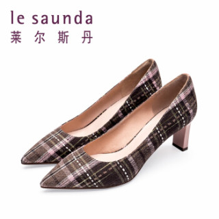 莱尔斯丹 le saunda 时尚休闲尖头套脚拼色格子纹高跟女单鞋LS 9T66901 粉棕色织物/粉色牛皮革 38