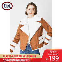 C&A女士仿麂皮机车短款夹克 潮流翻领加绒保暖外套冬CA200183591 *3件