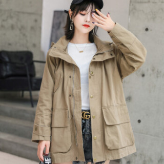 凡淑 风衣女2019秋季新品韩版百搭网红休闲工装宽松显瘦纯色口袋简约外套 MMWZ8811 卡色 L(125斤以下)
