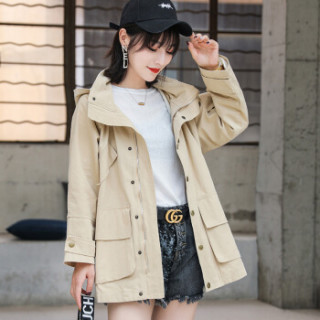 凡淑 风衣女2019秋季新品韩版百搭网红休闲工装宽松显瘦纯色口袋简约外套 MMWZ8811 卡色 L(125斤以下)