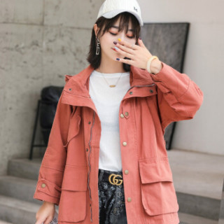 凡淑 风衣女2019秋季新品韩版百搭网红休闲工装宽松显瘦纯色口袋简约外套 MMWZ8811 卡色 L(125斤以下)