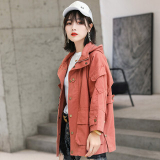 凡淑 风衣女2019秋季新品韩版百搭网红休闲工装宽松显瘦纯色口袋简约外套 MMWZ8811 卡色 L(125斤以下)