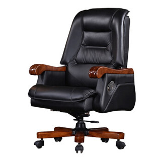 欧宝美电脑椅真皮老板椅实木大班椅可躺升降办公椅黑色
