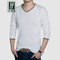 吉普盾男士2019秋季新款长袖T恤针织衫套头V领鸡心领打底衫休闲男装薄款毛衣 白色 M