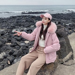MAX WAY 女装 2019秋冬季时尚韩版短款新款毛领学生棉服 QDmw0838 粉色 2XL
