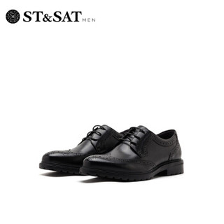 星期六男鞋（ST&SAT）头层牛皮革英伦男士商务皮鞋休闲潮鞋男 黑色 40