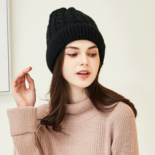 兰诗雨帽子女冬毛线帽韩版潮羊毛毛线加绒保暖针织套头帽M0352 黑色