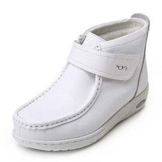 慕伊莱加绒中筒女式妈妈短靴坡跟舒适棉鞋头层牛皮气垫护士鞋006 白色 38
