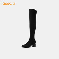 Kiss 凯伊斯 女士时尚圆头粗高跟反绒靴子