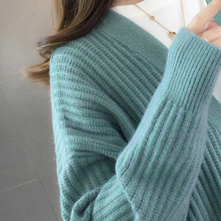 sustory 女装 2019年冬季新款韩版毛衣中长款宽松休闲针织衫开衫外套QDsu321 竖条绿色 均码