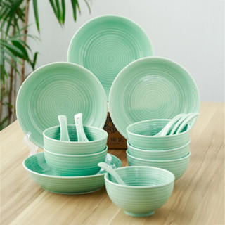 苏氏陶瓷 SUSHI CERAMICS 餐具套装龙泉釉青瓷碗盘碟勺年轮16头陶瓷套组