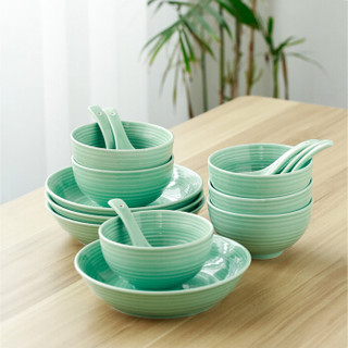 苏氏陶瓷 SUSHI CERAMICS 餐具套装龙泉釉青瓷碗盘碟勺年轮16头陶瓷套组
