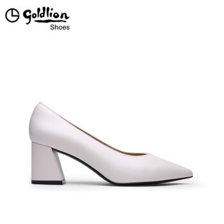 金利来（goldlion）女士简约粗高跟通勤风尖头浅口工作单鞋62083004620P-白色-37码