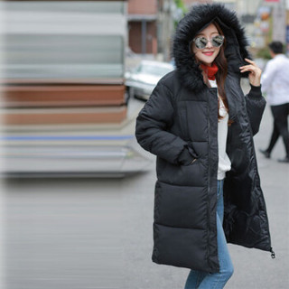 MAX WAY 女装 2019秋冬款韩版中长过膝棉衣棉服加厚外套女冬面包服棉袄QDmw0868 黑色 XL