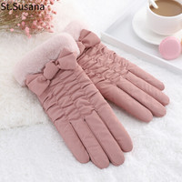 圣苏萨娜手套女冬季保暖加厚加绒时尚简约蝴蝶结学生可爱可触屏手套SSN893 粉色
