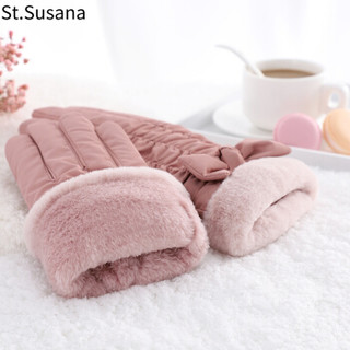 圣苏萨娜手套女冬季保暖加厚加绒时尚简约蝴蝶结学生可爱可触屏手套SSN893 粉色