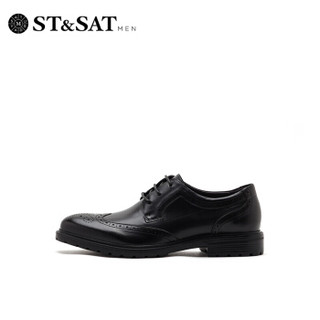 星期六男鞋（ST&SAT）头层牛皮革英伦男士商务皮鞋休闲潮鞋男 黑色 39