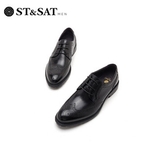 星期六男鞋（ST&SAT）头层牛皮革英伦男士商务皮鞋休闲潮鞋男 黑色 39