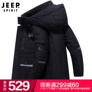 吉普 JEEP 羽绒服2019男士时尚韩版中长款纯色大口袋羽绒外套 D1909 黑色 XL