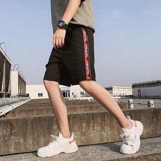 富铤（FORTEI）休闲短裤男五分裤韩版修身潮流沙滩裤男装 黑色红条 XL