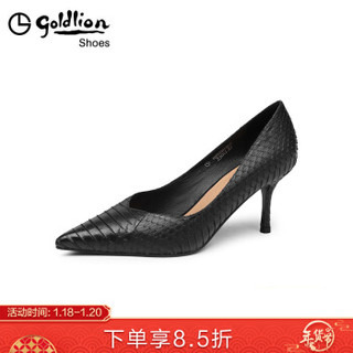 金利来（goldlion）女士尖头浅口单性感蛇皮工作细高跟鞋62693001201P-黑色-34码