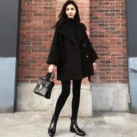 丽乔 2019秋冬新款毛呢大衣女韩版大翻领纯色毛呢外套女短款加厚小个子呢子大衣 XDD14 黑色 S