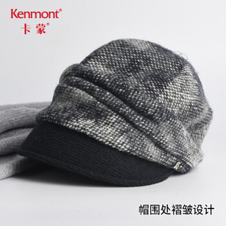 KENMONT 卡蒙 km-2763 冬款帽子女士格子贝雷帽拼接毛呢帽子韩版时尚堆堆帽修饰脸型 藏青色 可调节