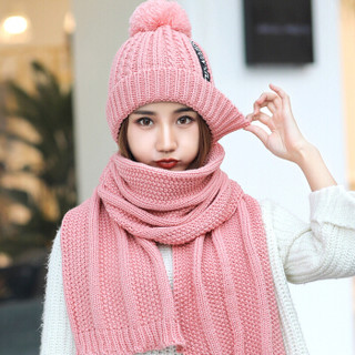 俞兆林 毛线帽子女冬韩版甜美保暖针织加绒加厚套装 女士帽子围巾两件套 粉色
