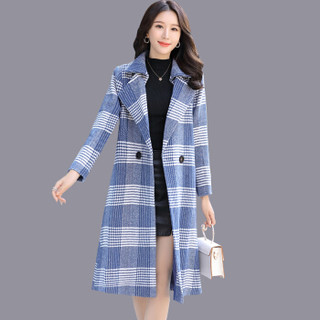 丽乔 毛呢外套女中长款冬季2019新款女装新品韩版修身显瘦格子外套 yzDUOCAI7818-1 蓝色 2XL