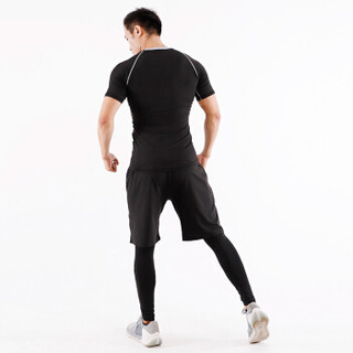 范迪慕 运动套装男士健身服紧身速干透气吸湿排汗跑步篮球套装健身衣男 FNZ9001-黑色拼线-短袖三件套-L