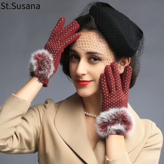 圣苏萨娜手套女冬保暖加绒防风手套韩版时尚触屏可爱户外手套SSN505 酒红色