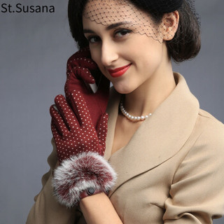 圣苏萨娜手套女冬保暖加绒防风手套韩版时尚触屏可爱户外手套SSN505 酒红色