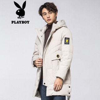 花花公子 PLAYBOY 羽绒服男2019秋冬新款男士保暖中长款90白鸭绒羽绒服上衣外套 69880089 米白 185/3XL